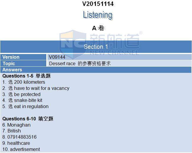 2015年11月14日雅思聽力機(jī)經(jīng)及答案